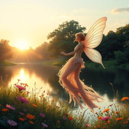 A serene landscape at sunrise, with soft golden light illuminating a tranquil lake surrounded by lush green trees and vibrant wildflowers
