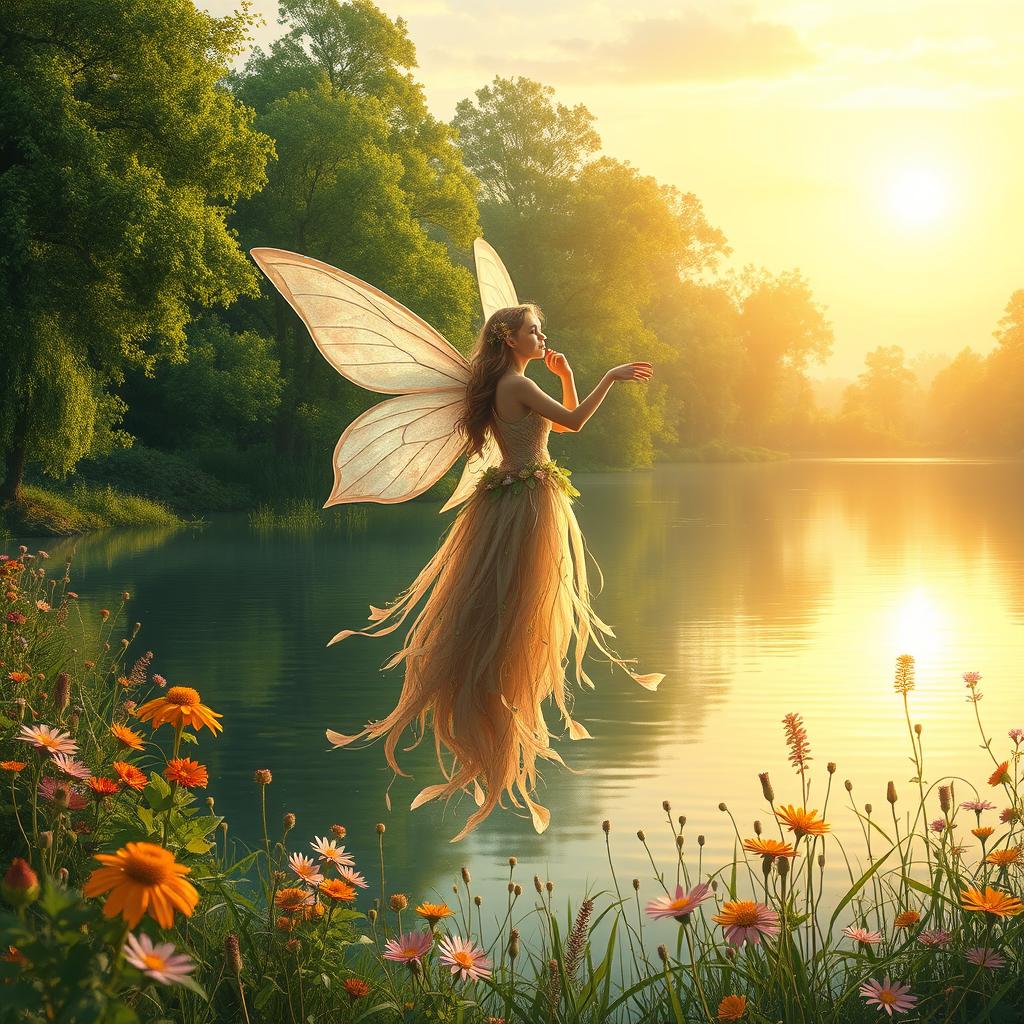 A serene landscape at sunrise, with soft golden light illuminating a tranquil lake surrounded by lush green trees and vibrant wildflowers