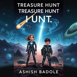 A captivating and mysterious book cover for a sci-fi adventure story featuring a brave girl and boy standing confidently on an alien landscape