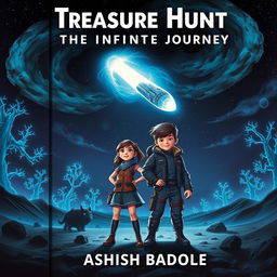 A captivating and mysterious book cover for a sci-fi adventure story featuring a brave girl and boy standing confidently on an alien landscape