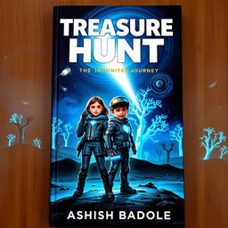 A captivating and mysterious book cover for a sci-fi adventure story featuring a brave girl and boy standing confidently on an alien landscape