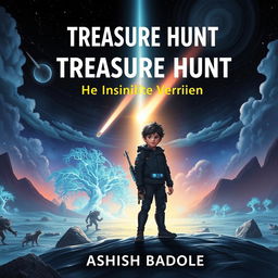 A captivating and mysterious book cover for a sci-fi adventure story featuring a brave girl and boy standing confidently on an alien landscape