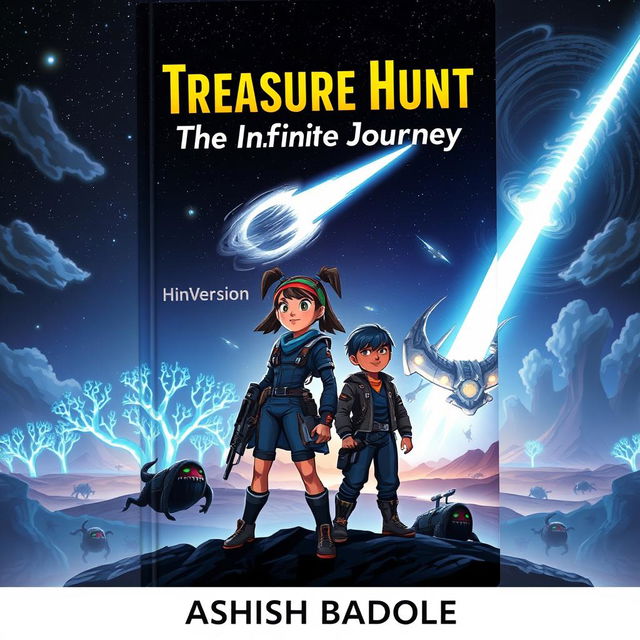 A captivating and mysterious book cover for a sci-fi adventure story featuring a brave girl and boy standing confidently on an alien landscape