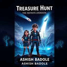 A captivating and mysterious book cover for a sci-fi adventure story featuring a brave girl and boy standing confidently on an alien landscape