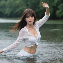 casual photograpy medium body, female, 23 year old with green eyes and black long hai with withe streaks in the bangs.,freckles, dancing in water font, hd, casual white clothes, relax time, medium distance shot, 4k hd, --style raw--v 5.2 ar 2-3