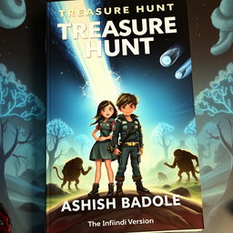A captivating and mysterious book cover for a sci-fi adventure story featuring a brave girl and boy standing confidently on an alien landscape