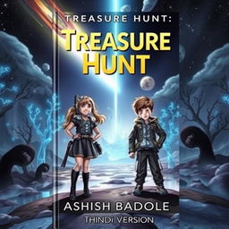 A captivating and mysterious book cover for a sci-fi adventure story featuring a brave girl and boy standing confidently on an alien landscape