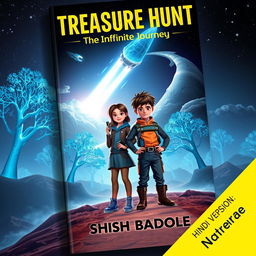 A captivating and mysterious book cover for a sci-fi adventure story featuring a brave girl and boy standing confidently on an alien landscape
