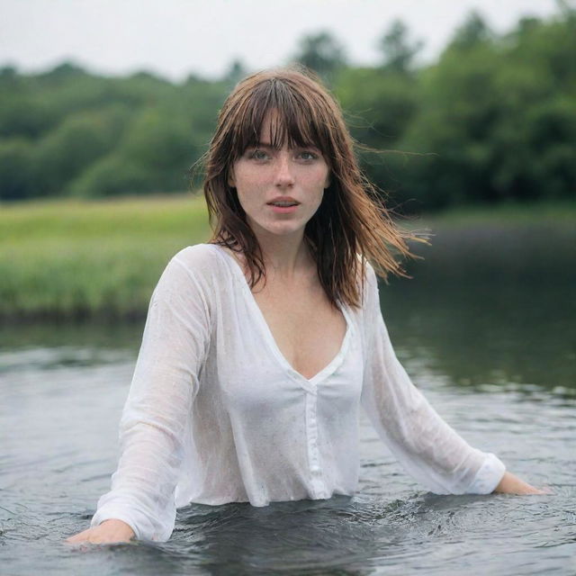 casual photograpy medium body, female, 23 year old with green eyes and black long hai with withe streaks in the bangs.,freckles, dancing in water font, hd, casual white clothes, relax time, medium distance shot, 4k hd, --style raw--v 5.2 ar 2-3