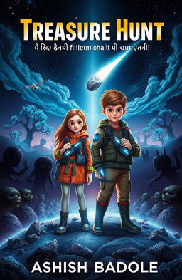 A captivating and thrilling book cover for a sci-fi adventure story featuring two brave kids, a girl and a boy, confidently standing on an otherworldly alien landscape