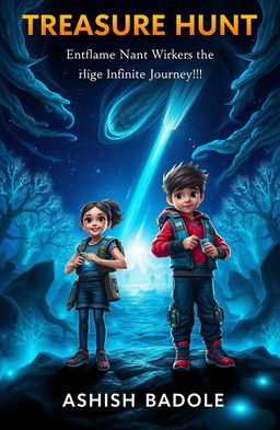 A captivating and thrilling book cover for a sci-fi adventure story featuring two brave kids, a girl and a boy, confidently standing on an otherworldly alien landscape