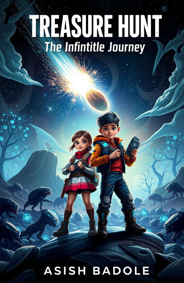 A captivating and thrilling book cover for a sci-fi adventure story featuring two brave kids, a girl and a boy, confidently standing on an otherworldly alien landscape