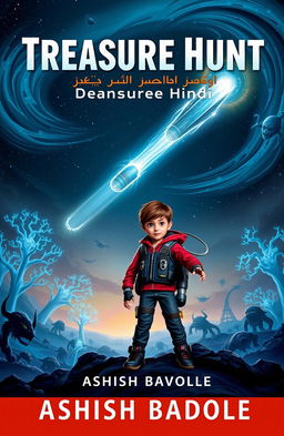 A captivating and thrilling book cover for a sci-fi adventure story featuring two brave kids, a girl and a boy, confidently standing on an otherworldly alien landscape