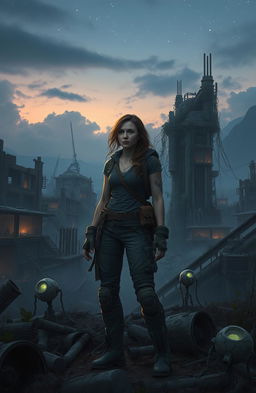 A post-apocalyptic landscape embodies mystery and devastation, featuring ruined buildings overrun by nature, entwined with remnants of advanced alien technology, glowing faintly in the twilight