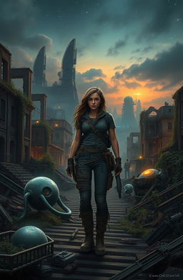 A post-apocalyptic landscape embodies mystery and devastation, featuring ruined buildings overrun by nature, entwined with remnants of advanced alien technology, glowing faintly in the twilight