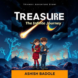 A mysterious and thrilling book cover for a sci-fi adventure story featuring two brave kids, a girl and a boy, standing on a vibrant alien landscape