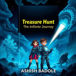 A mysterious and thrilling book cover for a sci-fi adventure story featuring two brave kids, a girl and a boy, standing on a vibrant alien landscape