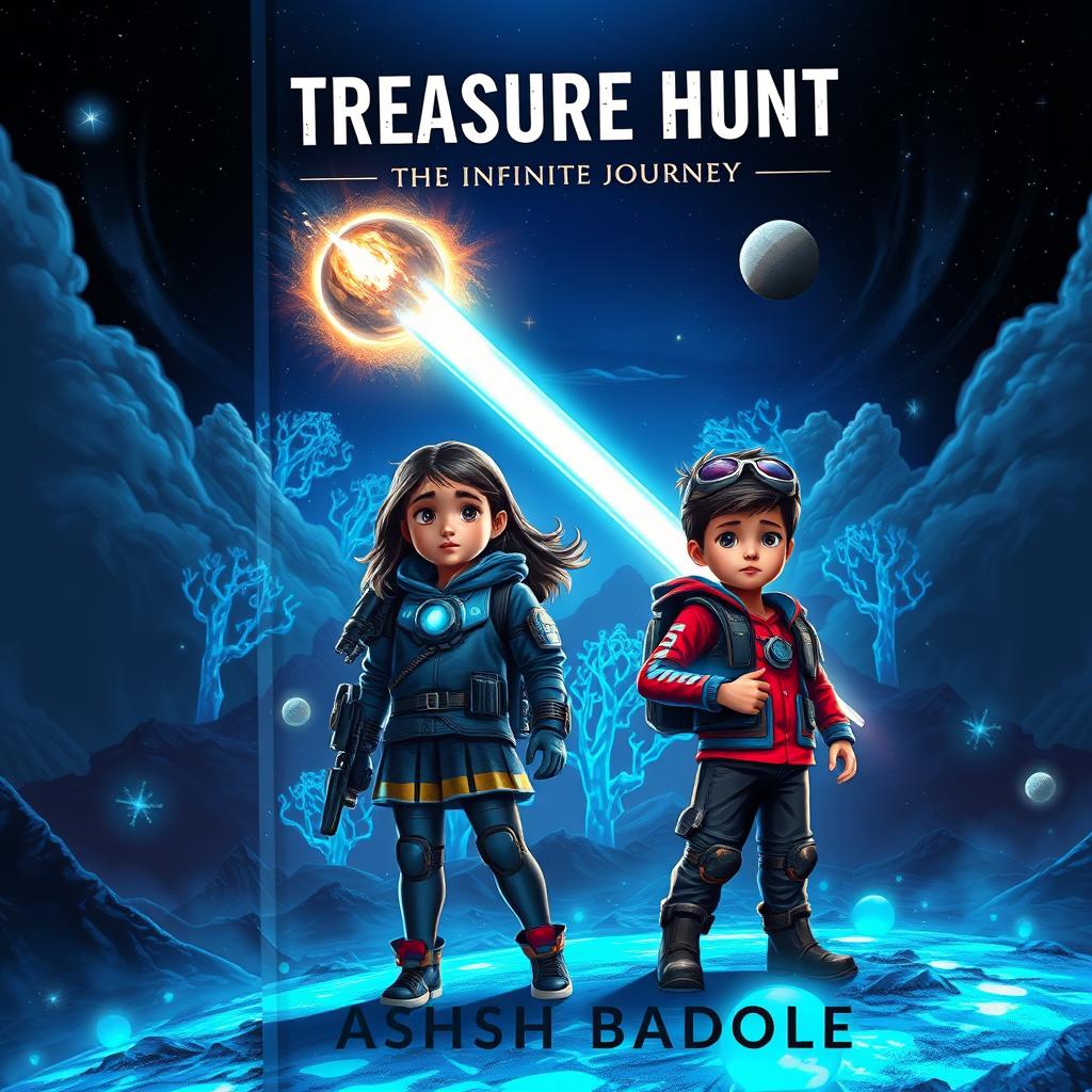 A mysterious and thrilling book cover for a sci-fi adventure story featuring two brave kids, a girl and a boy, standing on a vibrant alien landscape