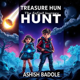 A mysterious and thrilling book cover for a sci-fi adventure story featuring two brave kids, a girl and a boy, standing on a vibrant alien landscape