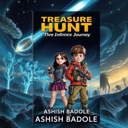A mysterious and thrilling book cover for a sci-fi adventure story featuring two brave kids, a girl and a boy, standing proudly on an alien landscape
