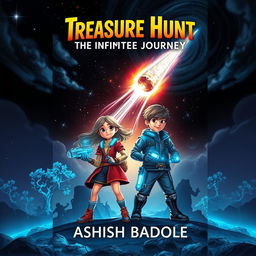 A mysterious and thrilling book cover for a sci-fi adventure story featuring two brave kids, a girl and a boy, standing proudly on an alien landscape