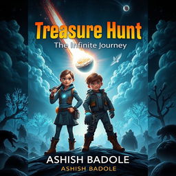 A mysterious and thrilling book cover for a sci-fi adventure story featuring two brave kids, a girl and a boy, standing proudly on an alien landscape