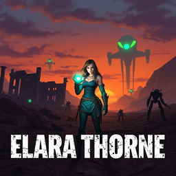 A desolate post-apocalyptic landscape at dusk, featuring crumbling ruins of an abandoned city in the background, subtly hinting at alien technology through shadows and glowing remnants