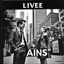 A striking black and white cover featuring a sophisticated man and a young girl engaged in a lively conversation in a modern city setting