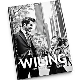 A striking black and white cover featuring a sophisticated man and a young girl engaged in a lively conversation in a modern city setting