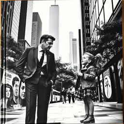 A striking black and white cover featuring a sophisticated man and a young girl engaged in a lively conversation in a modern city setting