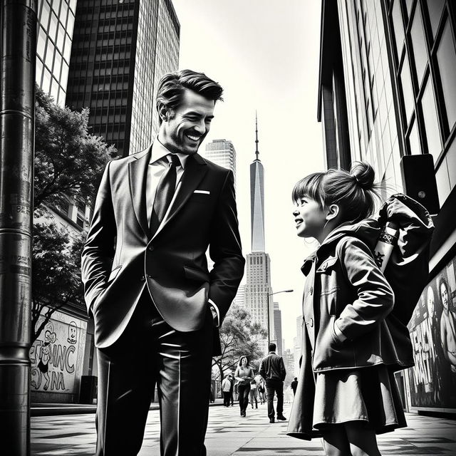 A striking black and white cover featuring a sophisticated man and a young girl engaged in a lively conversation in a modern city setting