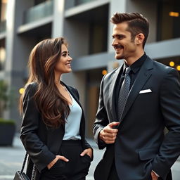 A stylish scene featuring a beautiful brunette girl and a dapper man in a tailored suit