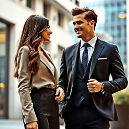 A stylish scene featuring a beautiful brunette girl and a dapper man in a tailored suit