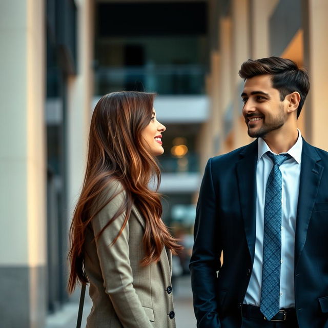 A stylish scene featuring a beautiful brunette girl and a dapper man in a tailored suit