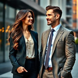 A stylish scene featuring a beautiful brunette girl and a dapper man in a tailored suit