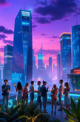 A futuristic, digital art piece depicting a vibrant and dynamic cityscape at twilight, with neon lights reflecting off sleek glass buildings