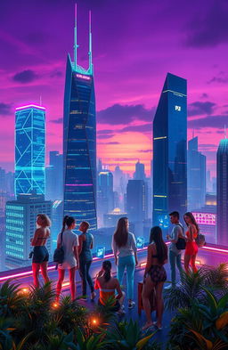 A futuristic, digital art piece depicting a vibrant and dynamic cityscape at twilight, with neon lights reflecting off sleek glass buildings