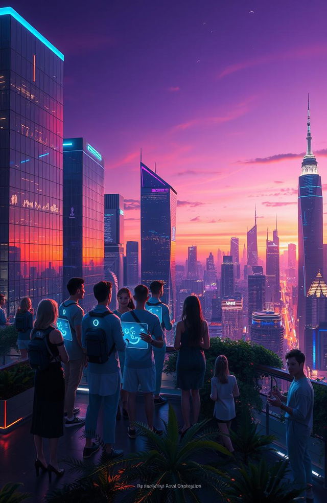 A futuristic, digital art piece depicting a vibrant and dynamic cityscape at twilight, with neon lights reflecting off sleek glass buildings