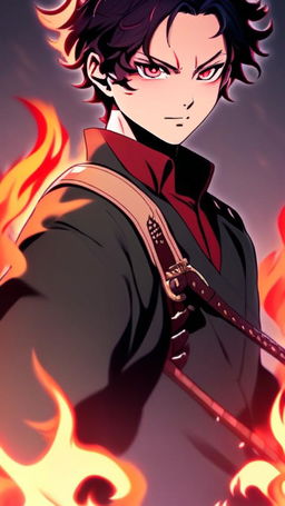 Anime-style headshot of the demon slayer encircled by flames, in a profile picture format.