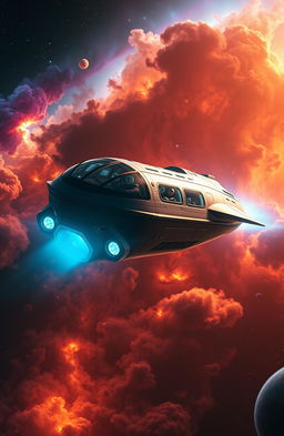 A cinematic scene depicting the first voyage of True Time, showcasing a beautifully detailed futuristic spaceship soaring through a breathtaking nebula filled with vibrant colors and swirling clouds