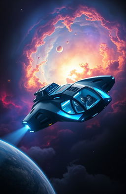 A cinematic scene depicting the first voyage of True Time, showcasing a beautifully detailed futuristic spaceship soaring through a breathtaking nebula filled with vibrant colors and swirling clouds