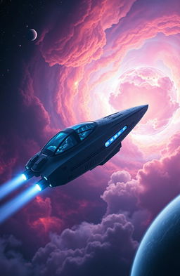A cinematic scene depicting the first voyage of True Time, showcasing a beautifully detailed futuristic spaceship soaring through a breathtaking nebula filled with vibrant colors and swirling clouds