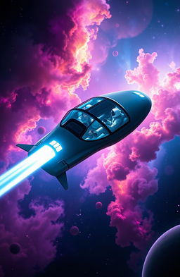 A cinematic scene depicting the first voyage of True Time, showcasing a beautifully detailed futuristic spaceship soaring through a breathtaking nebula filled with vibrant colors and swirling clouds
