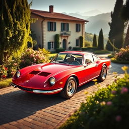 A stunning red Ferrari Dino parked gracefully in front of a classic Italian villa, surrounded by lush greenery and blooming flowers