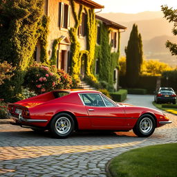 A stunning red Ferrari Dino parked gracefully in front of a classic Italian villa, surrounded by lush greenery and blooming flowers