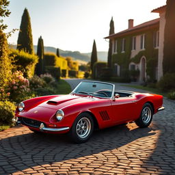 A stunning red Ferrari Dino parked gracefully in front of a classic Italian villa, surrounded by lush greenery and blooming flowers