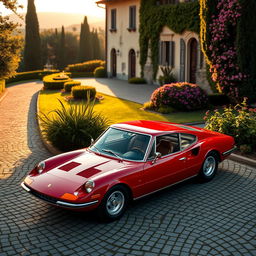 A stunning red Ferrari Dino parked gracefully in front of a classic Italian villa, surrounded by lush greenery and blooming flowers