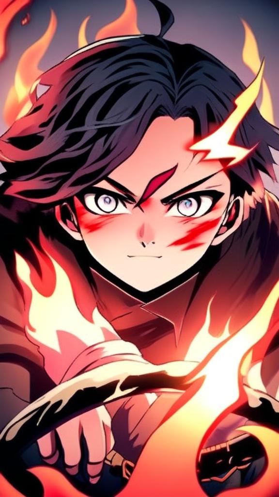 Anime-style headshot of the demon slayer encircled by flames, in a profile picture format.