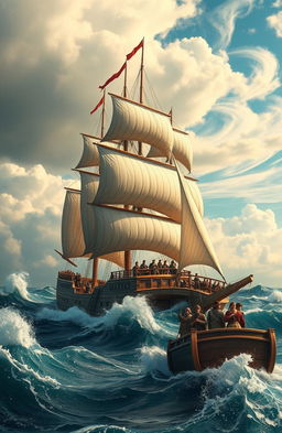 An imaginative and adventurous scene inspired by the spirit of ocean exploration, featuring a grand, majestic ship sailing through turbulent seas under a dramatic sky filled with swirling clouds