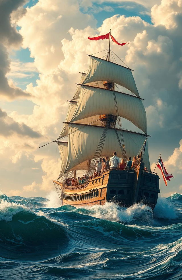 An imaginative and adventurous scene inspired by the spirit of ocean exploration, featuring a grand, majestic ship sailing through turbulent seas under a dramatic sky filled with swirling clouds